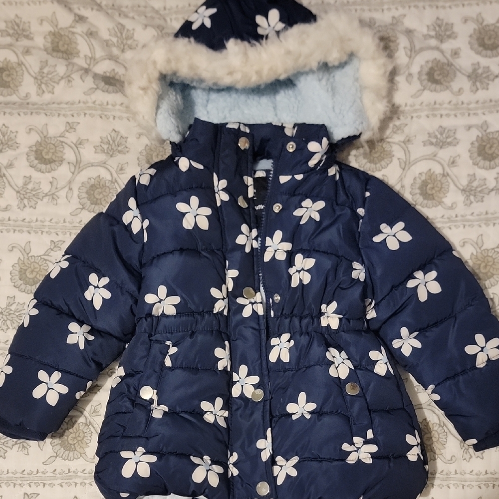Kids Floral Puffer Jacket - Navy and White